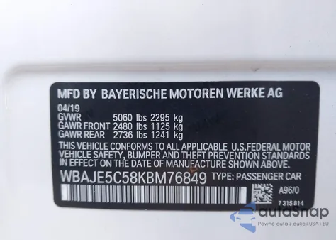 2019 BMW 540I from USA, damaged, VIN WBAJE5C58KBM76849